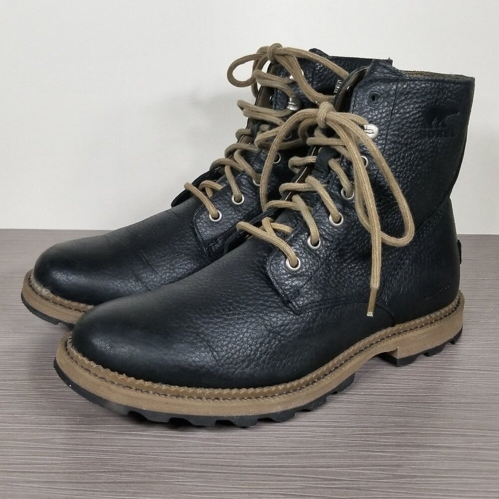 Sorel Madson 6 Lace-Up Boots, Black Pebbled Leather, Mens Size 8.5 / 41.5